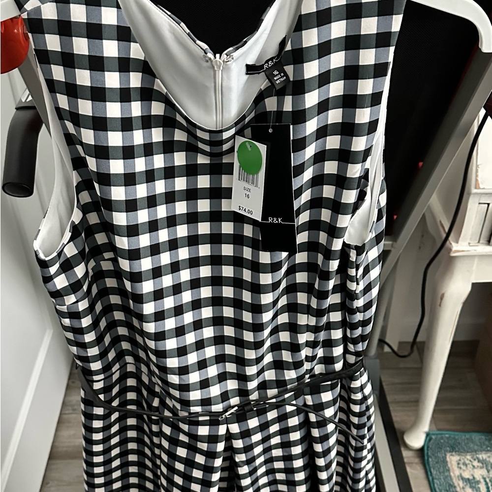 R&K Black & White Checkered Dress with Floral Border